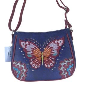 Western crossbody shoulder bag butterfly embroidery and studs, purple red blue
